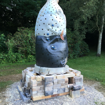 Sergei Isupov, "Fire Sculpture" 2017,  After the firing, with the kiln base still in place.  Photo courtesy Alice Fourgeret.