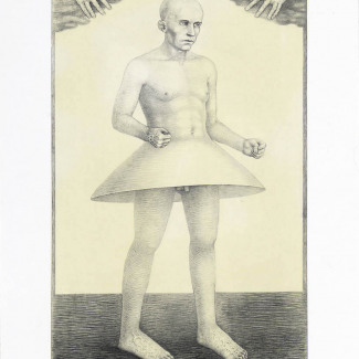 “Soldier,” 2003, intaglio and siligraphy, image: 24 x 14", paper: 30 x 19".