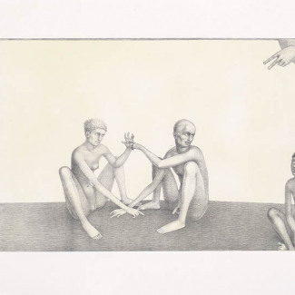 “Stuck in the Middle,” 2003, intaglio, siligraphy, image: 16 x 24", paper: 22.5 x 30".