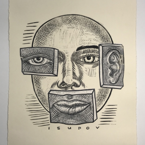 "Eyes Lips Ears", 2022 linoleum print on Crane Lettra ,100% cotton, 21 point 300/gsm. 14 “ x 12”